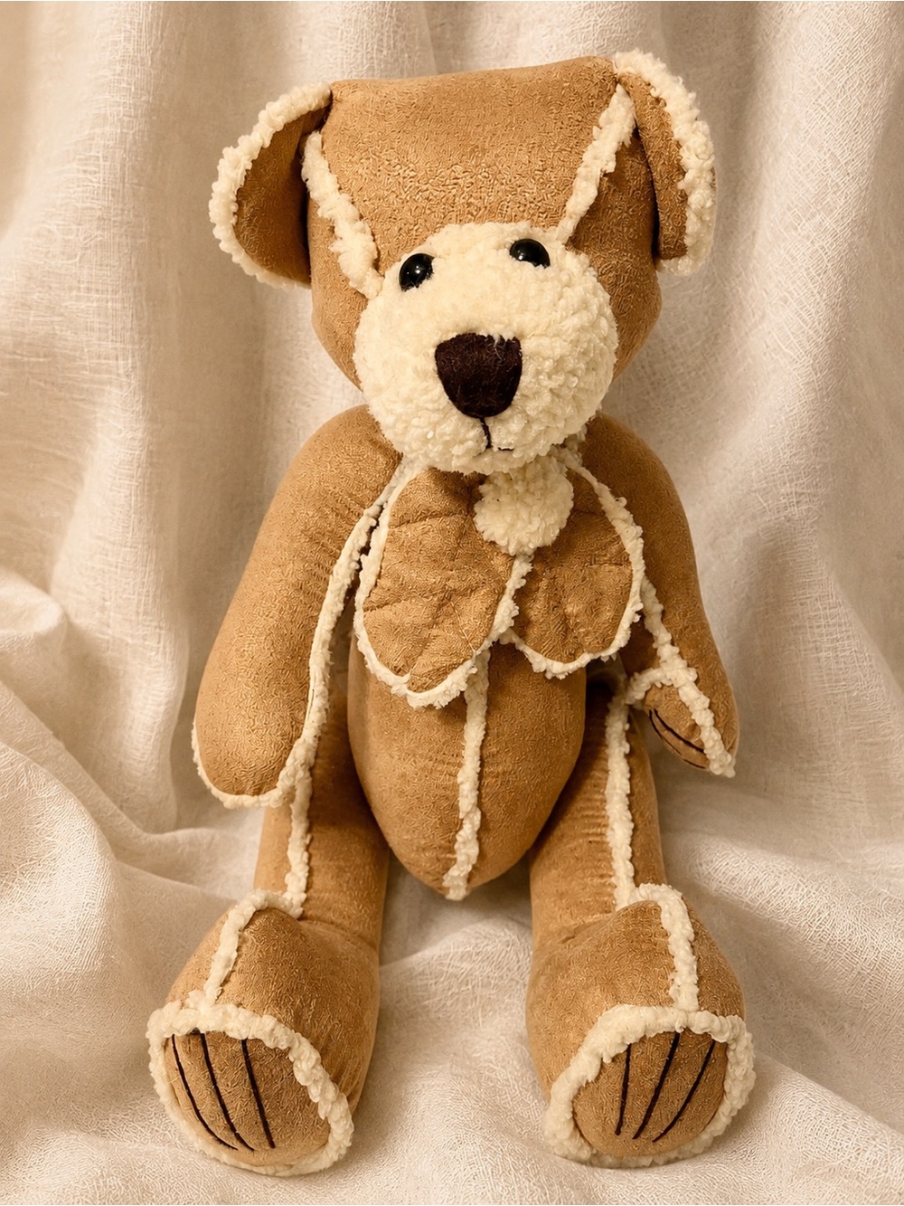 Plush Teddy Bear with bow. His body is suede with a Sherpa Trim - Boutique gift